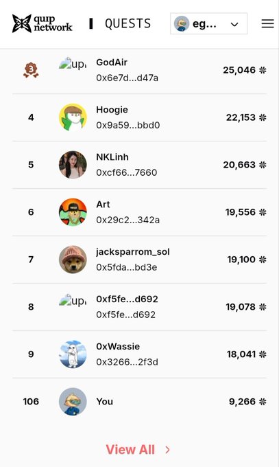 A leaderboard from Quip Network's Quests page displays user rankings with scores, showing "GodAir" at #3 with 25,046, followed by Hoogie (22,153), NKLinh (20,863), and others, while the user's own avatar appears at rank #106 with a score of 9,266—reflecting their current standing and hope that their newly acquired Eigen Key will help them climb higher.