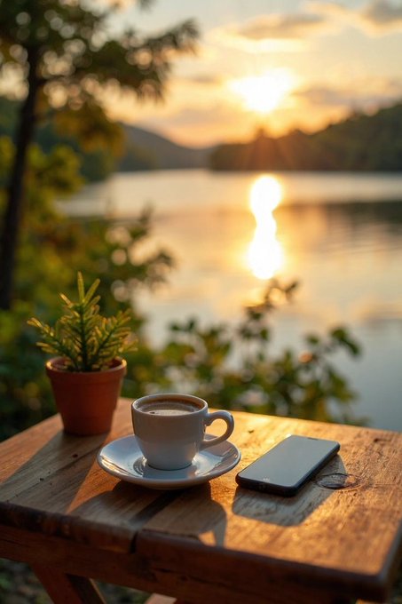 A small white coffee cup, a black smartphone, and a potted plant sit on a wooden table overlooking a lake at sunset.