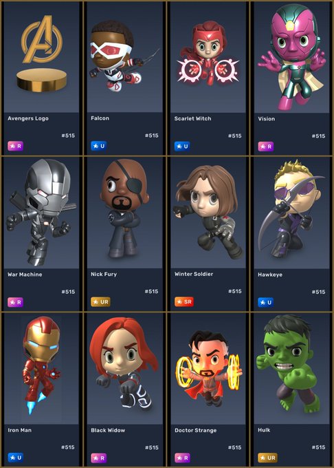 A grid of 12 collectible Avengers character figurines from the Veve app, each priced at 515 and featuring chibi-style versions of Marvel heroes including the Avengers Logo, Falcon, Scarlet Witch, Vision, War Machine, Nick Fury, Winter Soldier, Hawkeye, Iron Man, Black Widow, Doctor Strange, and Hulk, with various rarity tags (U, UR, SR, R) displayed beneath them. The collection ties to the post's reference to Nick Fury's iconic quote about assembling remarkable people, showcasing the digital memorabilia lineup two and a half years later.