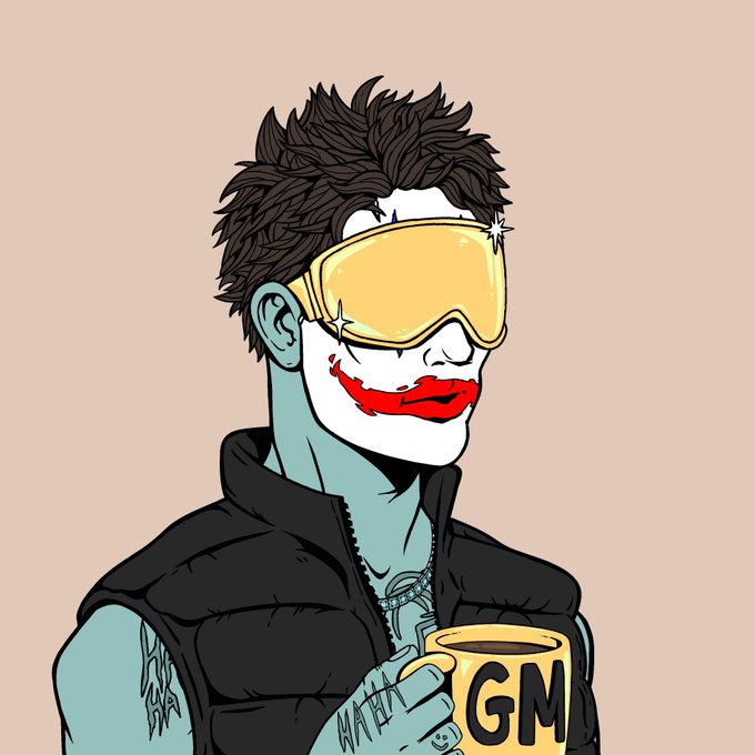 A stylized cartoon illustration of a pale-skinned figure with messy dark hair, yellow ski goggles, red lipstick, and a black vest, holding a mug labeled 'GM'.