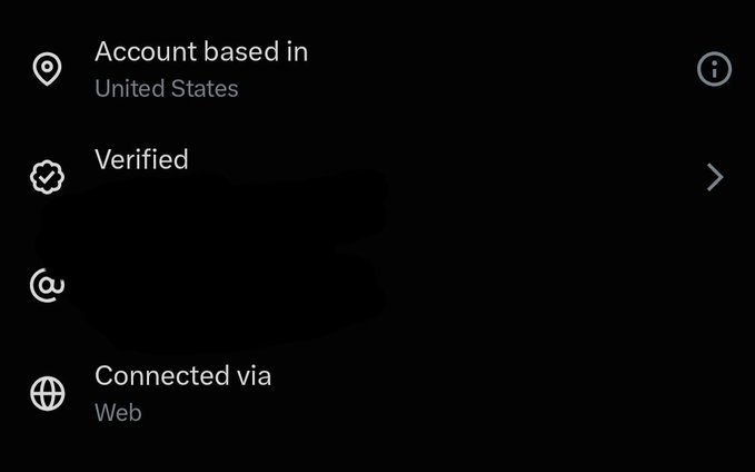 A dark interface screen showing account information: 'Account based in United States,' 'Verified,' and 'Connected via Web.'