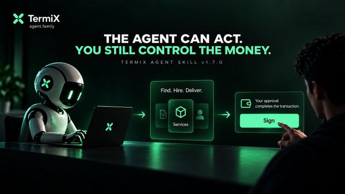 TermiX agent.family ad reading 'THE AGENT CAN ACT. YOU STILL CONTROL THE MONEY. TERMIX AGENT SKILL v1.7.0,' showing a robot finding services and a human signing approval.