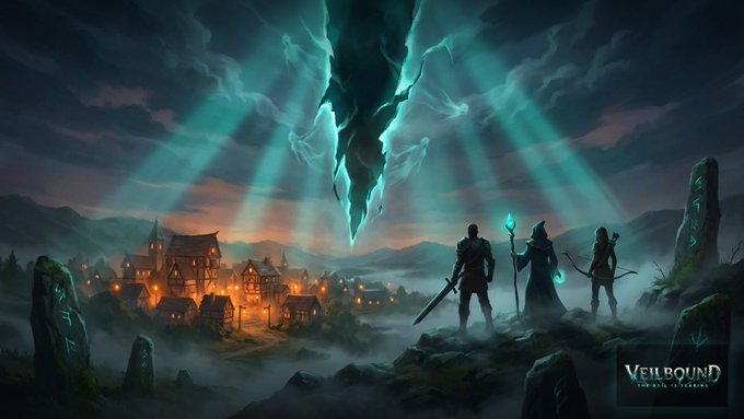 A fantasy landscape titled 'VEILBOUND' showing three characters overlooking a glowing medieval village, with a massive floating dark crystal emitting teal light beams in the sky above.