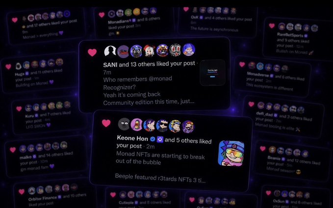 The image features two social media posts, both of which are about the same topic - Keone's tweets. The posts include various reactions from people who have seen or read them. One post has a pink heart at the bottom, while the other has a blue heart. Both posts contain text that reads "Gm Gmonad Let's start the day by thanking everyone who consistently interacts with my tweets. I've got nothing but love for you all really also genuinely thankful for Keone and the Monad team". The posts are arranged in a grid format, with each post occupying its own square within the image.