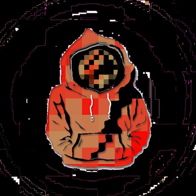 A pixelated illustration of a hooded figure in an orange and red hoodie with a blurred, blocky face against a dark background with glitchy patterns.
