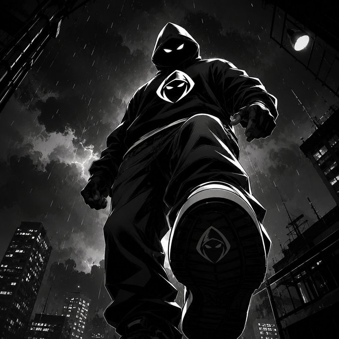 A hooded figure in a dark cloak with an eye-like emblem strides forward through a rain-soaked cityscape, boot raised mid-step—visually capturing the "one step forward" theme of the post. The shadowy, powerful stance embodies the bold, leaping momentum of the HOOD movement.