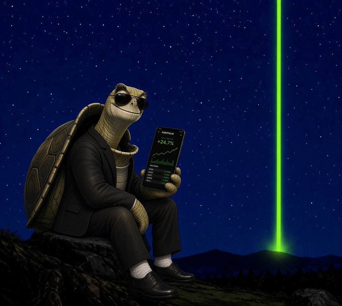 A dapper turtle wearing sunglasses and a black suit sits on a rocky outcrop under a starry night sky, checking a smartphone displaying a "+24.7%" gain on "$OOGWAY," while a green beam shoots up from a distant mountain—mirroring the official launch of the $OOGWAY token (contract: FzBVtwawjSE2sidchJfzrjnhMkRDRu6mq4L5JTrcpump).