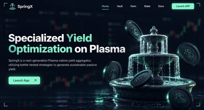 A SpringX website hero reads “Specialized Yield Optimization on Plasma,” with navigation links “Home,” “Vault,” “Farm,” “Stake,” “Docs,” and a “Launch App” button beside a fountain of coins.