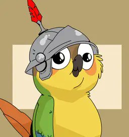 A cartoon parrot wears a Roman-style helmet with a red plume, fitting the "flock of hood pigeons" giveaway theme by @H00dR00st on Robinhood.