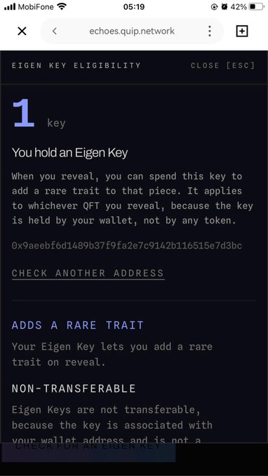 A mobile screenshot from echoes.quip.network displaying an 'Eigen Key Eligibility' page indicating the user holds 1 key with a wallet address visible.