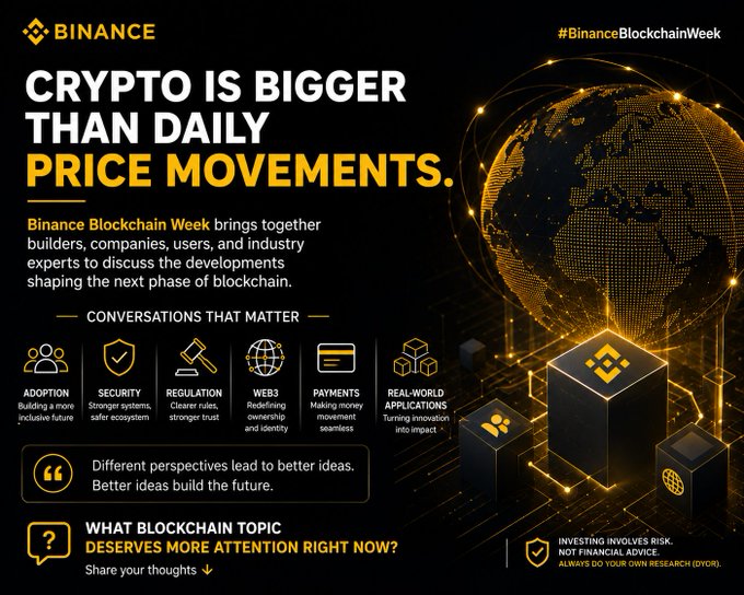 The promotional graphic for Binance Blockchain Week features the headline "CRYPTO IS BIGGER THAN DAILY PRICE MOVEMENTS" alongside a glowing digital globe and Binance-branded cubes, highlighting key discussion topics like Adoption, Security, Regulation, Web3, Payments, and Real-World Applications. It visually supports the post's message by showcasing how the event unites builders, users, companies, and experts to exchange diverse perspectives on blockchain's future beyond market speculation.