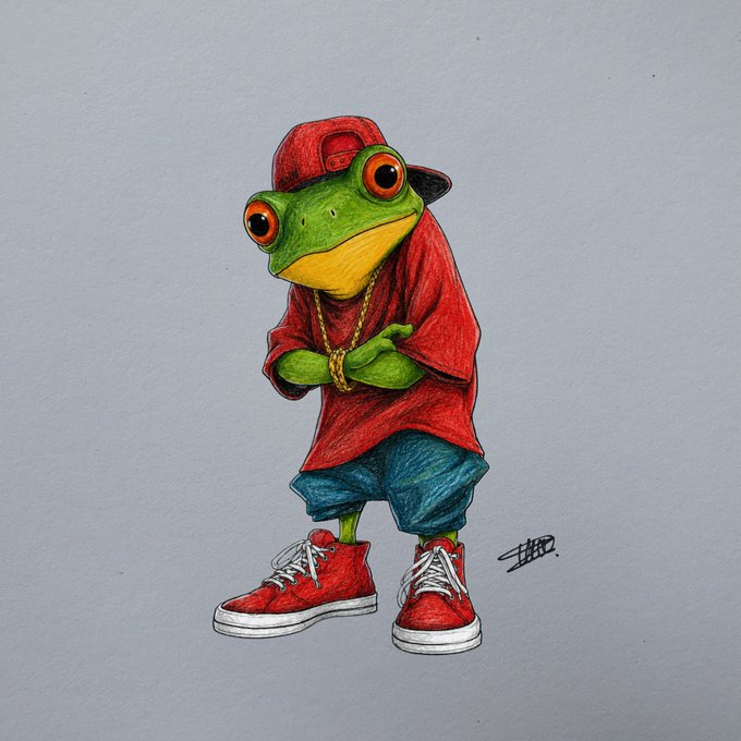 A colored pencil illustration of a stylized anthropomorphic green frog wearing a red baseball cap backwards, a red t-shirt, blue shorts, a gold chain, and red sneakers, signed 'ELLIO.'
