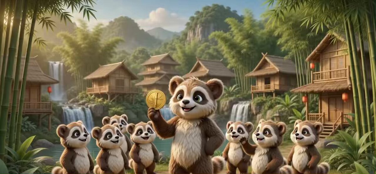 The image features a cartoon scene with a group of panda bears standing next to each other, all holding up a gold coin. The panda bear closest to the camera has a gold coin in its paws while the others have their own coins as well. The background shows a lush green forest and a waterfall, creating a serene atmosphere for the cartoon scene. The caption reads "Success looks better when it's shared. One token. One vision. One growing community #BAMBOO #SOLANA".