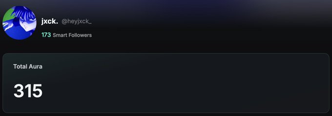A dark-themed profile card for Twitter/X user 'jxck. @heyjxck_' showing 173 Smart Followers and a Total Aura score of 315.