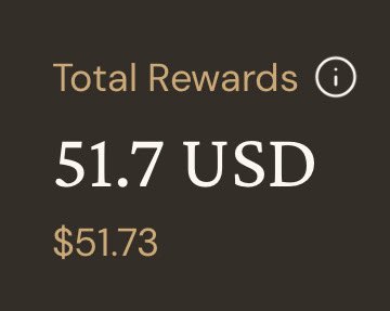 A dark screen displaying a 'Total Rewards' balance of '51.7 USD' with the exact amount '$51.73' shown below in orange text.