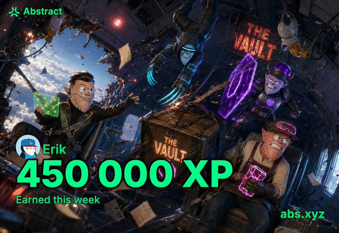 Abstract promotional graphic featuring cartoon characters around 'THE VAULT' treasure chest, displaying 'Erik 450,000 XP Earned this week' with the abs.xyz logo.