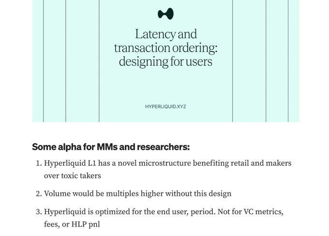 The image shows a blog header from hyperliquid.xyz titled "Latency and transaction ordering: designing for users," followed by three bullet points highlighting that Hyperliquid L1's novel microstructure benefits retail and makers over toxic takers, that volume would be multiples higher without this design, and that Hyperliquid is optimized for the end user rather than VC metrics, fees, or HLP PnL—directly supporting the post's thesis about Hyperliquid's "speed bump" Cancel-First mechanism prioritizing user experience over trading volume.