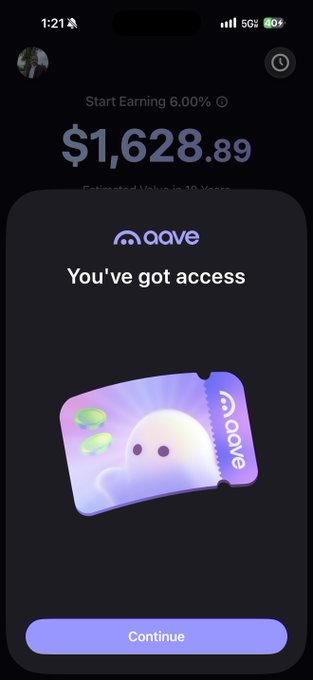 Mobile app screenshot for Aave showing a balance of '$1,628.89' and 'Start Earning 6.00%', with a confirmation screen saying 'You've got access' featuring a ghost card design.