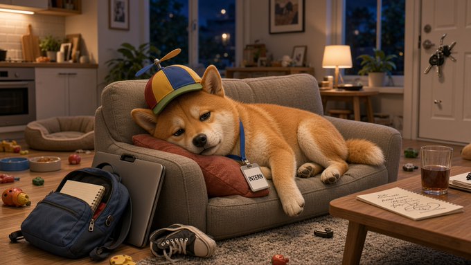 A digital illustration of a Shiba Inu dog resting on a couch in a living room, wearing a colorful propeller hat and a name tag.