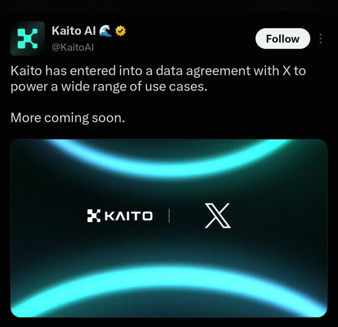 A tweet from Kaito AI (@KaitoAI) announcing a data agreement with X, featuring a graphic with the Kaito and X logos against a glowing teal background.