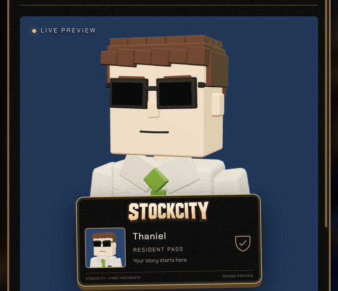 A voxel art character named "Thaniel" with sunglasses is displayed as a "RESIDENT PASS" for "STOCKCITY - FIRST RESIDENTS," featuring a tagline "Your story starts here," aligning with the post about reserving a pass to engage in gamified tokenized stock trading.