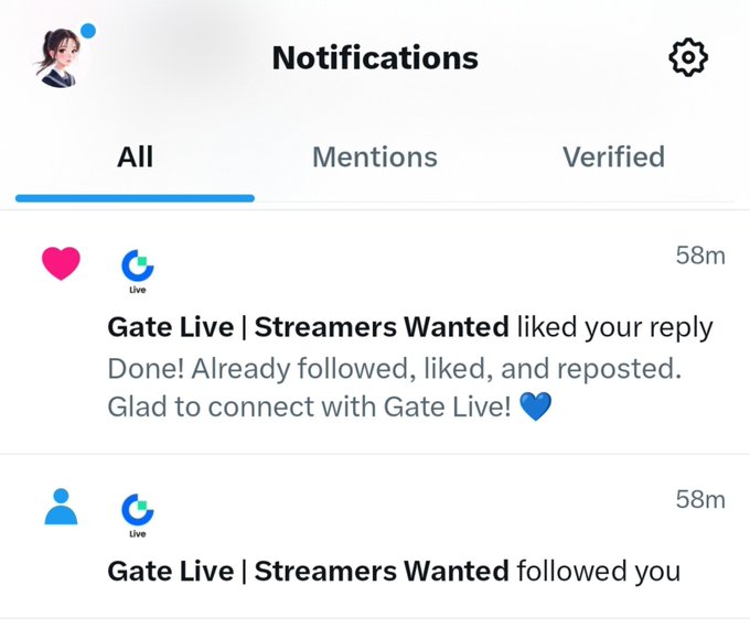 A Twitter/X notifications screen showing 'Gate Live | Streamers Wanted' liked a reply and followed the user.