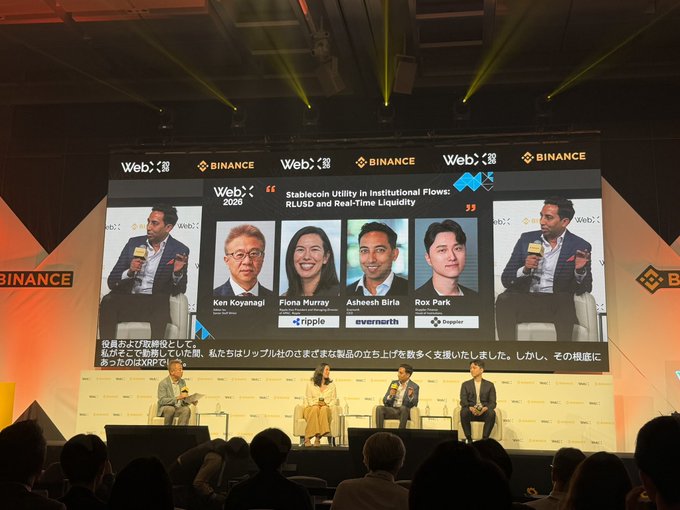 A panel discussion at the 'WebX 2026' event, sponsored by Binance, titled 'Stablecoin Utility in Institutional Flows: RLUSD and Real-Time Liquidity' with speakers Ken Koyanagi, Fiona Murray, Asheesh Birla, and Rox Park.