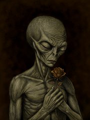A dark, surreal portrait of a grey alien-like figure with large black eyes, tenderly holding a dried rose against a moody brown background.