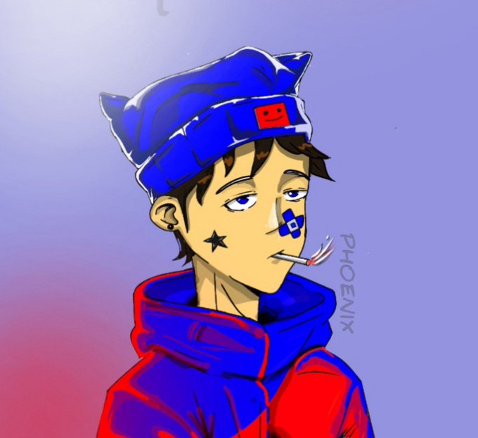 An anime-style illustration of a boy in a blue beanie and red hoodie with a star face tattoo, smoking a cigarette, signed 'PHOENIX'.