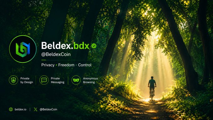 An advertisement for Beldex ($BDX) cryptocurrency with the tagline 'Privacy • Freedom • Control', featuring icons for 'Private by Design', 'Private Messaging', and 'Anonymous Browsing', alongside social handles @BeldexCoin and beldex.io.