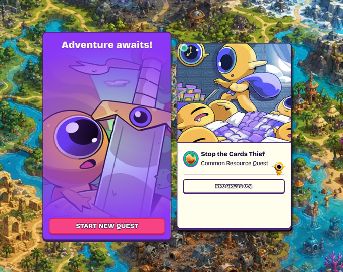 A vibrant game UI overlay appears over a colorful fantasy world map, promoting the game with "Adventure awaits!" and a "START NEW QUEST" button on the left panel featuring cute character art. The right panel shows an active quest titled "Stop the Cards Thief" (Common Resource Quest) at 0% progress, showcasing the TCG/RPG gameplay loop mentioned in the post where players send heroes on quests that involve strategic choices and potential risks.