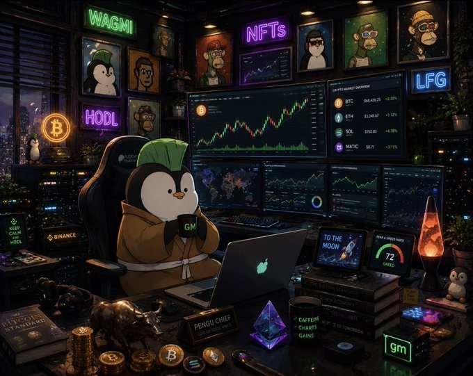 AI-generated crypto-themed artwork showing a penguin character in a robe working on a laptop with the text 'GM', surrounded by glowing crypto signs like 'WAGMI', 'NFTs', 'HODL', and 'LFG', along with Bitcoin coins, trading charts, and a 'PENGU CHEF' tag.