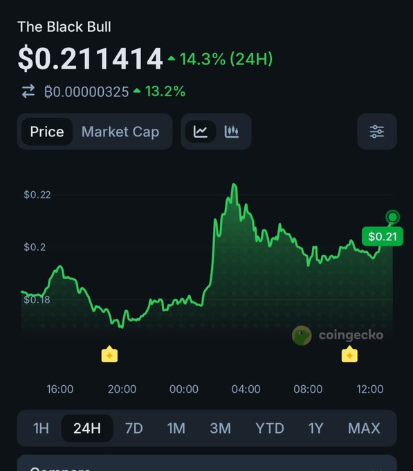 A CoinGecko price chart for 'The Black Bull' cryptocurrency showing a price of $0.211414, up 14.3% in 24 hours.
