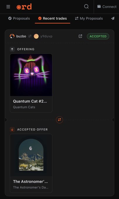 Screenshot of a mobile app interface showing a 'Recent trades' tab with an accepted trade listing 'buzbo' swapping a 'Quantum Cat' for 'The Astronomer' from Quantum Cats and The Astronomer's Daughter collections.