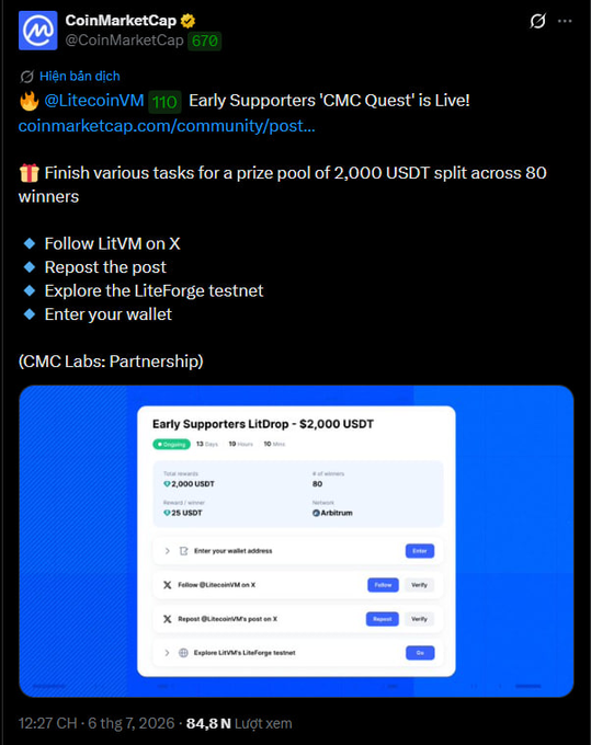 CoinMarketCap tweet announcing a 'CMC Quest' giveaway with a 2,000 USDT prize pool for 80 winners, requiring participants to follow LitVM, repost, and explore the LiteForge testnet.