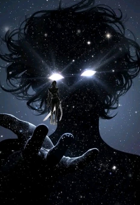 A dramatic dark fantasy illustration of a silhouetted figure with glowing white eyes formed from a starry cosmos, with a smaller glowing character floating in front of its chest and a large hand reaching up from below.
