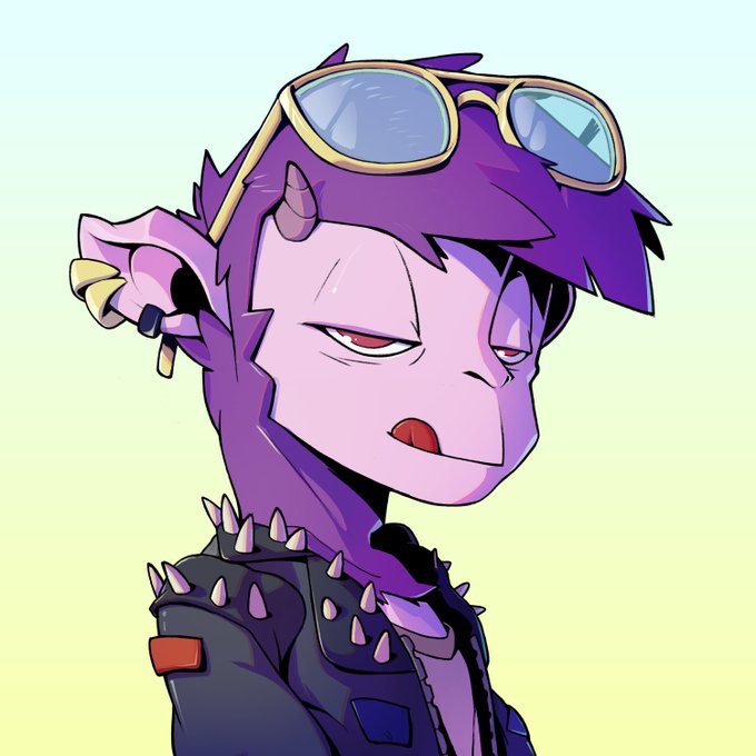 A purple-skinned anime-style character with spiky purple hair, sunglasses on their head, and a spiked black jacket.