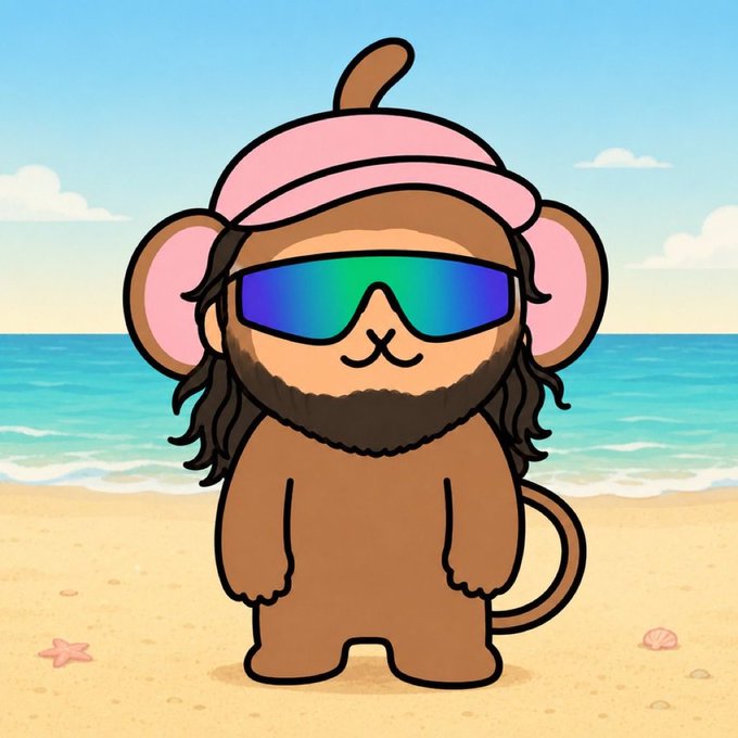 A cartoon illustration of a brown monkey character wearing a pink beanie and blue reflective sunglasses, standing on a sandy beach with the ocean in the background.