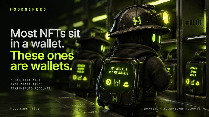 Promotional graphic for 'HOODMINERS' NFTs featuring hooded miner characters with backpacks, advertising 'Most NFTs sit in a wallet. These ones are wallets.' with 5,000 free mints and ERC-6551 token-bound accounts.