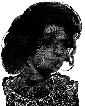 A striking black and white stippled portrait of a woman with large hoop earrings, an afro hairstyle, and a ruffled collar, rendered with intense crosshatching and bold detail. The artwork's intricate, hand-drawn style aligns with the post's mention of digital art collected on Tezos, likely highlighting the featured artists.