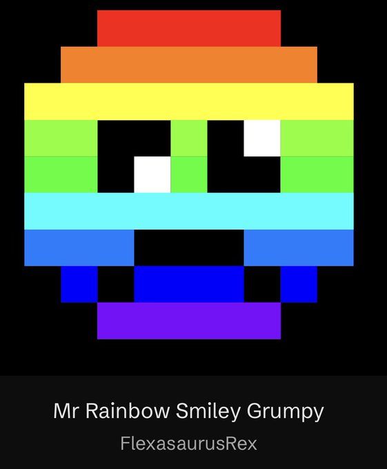 The image features pixel art of a grumpy smiley face composed of rainbow-colored horizontal stripes, with the caption "Mr Rainbow Smiley Grumpy" by FlexasaurusRex. The artwork represents the NFT collected by the user on objkt.com, showcasing the character's quirky combination of cheerful rainbow hues and a displeased facial expression.