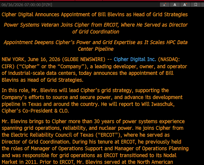 The image features a screenshot of a computer screen, likely from an Excel document or spreadsheet, with text displayed in various columns and rows. There are two columns prominently visible - one containing text related to an appointment for Bill Blevins as Head of Grid Strategies at CIFR, another displaying information about the position's responsibilities. The image also includes text providing context for this specific position, highlighting that it is a strategic hiring move by CIFR to expand its grid infrastructure across three sites in Batch Zero.