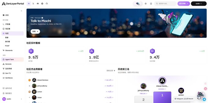 A screenshot of the GenLayerPortal dashboard displays a 'Talk to Mochi' event with real-time smart contract data showing 3.5万 social mentions and 1.5亿 engagement.