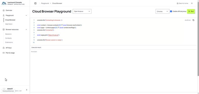 A Lexmount Console Browser Infrastructure webpage showing the Cloud Browser Playground interface with JavaScript console output including 'Connecting to browser...' and navigation elements.