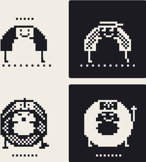 A 2x2 grid of black and white pixel art icons featuring various character designs, including one with a smiley face, one resembling an archway, a circular emblem, and a bearded figure holding a cross.
