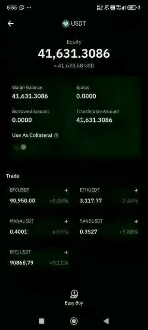 A cryptocurrency trading app screenshot showing a USDT equity balance of 41,631.3086 USD, with trade pairs including BTCUSDT, ETHUSDT, MANAUSDT, SANDUSDT, and BTC/USDT.