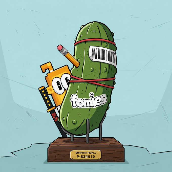 A cartoon illustration of a green pickle with a barcode, branded "fomies," wrapped with rubber bands and accompanied by a pencil and "OR" card, displayed on a "SUPPORT PICKLE P-834619" plaque.