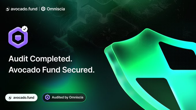 Green-themed announcement that 'Audit Completed. Avocado Fund Secured.', noting avocado.fund was audited by Omniscia.