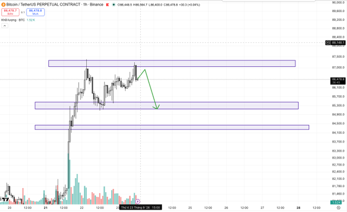 A financial chart titled 'Bitcoin / TetherUS PERPETUAL CONTRACT · 1h · Binance' shows BTC price action around $86,478, with a green arrow pointing downward toward horizontal support zones in the $84,500–$86,000 range.