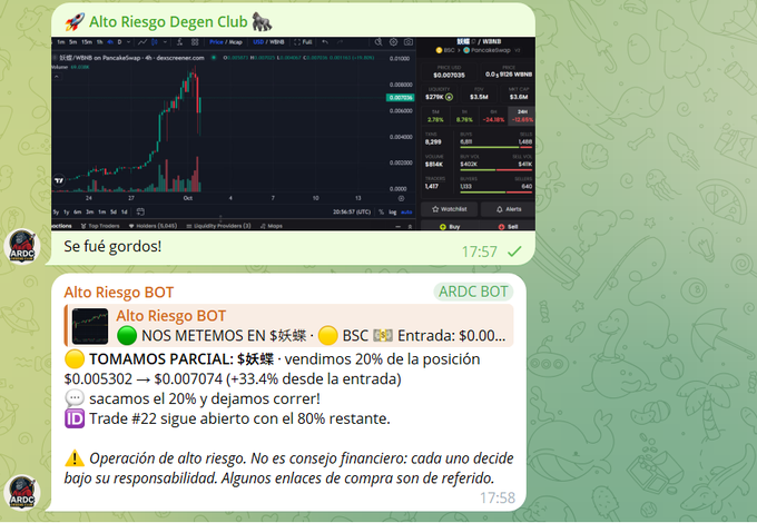 A Telegram message from 'Alto Riesgo Degen Club' featuring a PancakeSwap chart for BSC/USDT and a bot update stating 'NOS METEMOS EN 蛐蟀' and 'TOMAMOS PARCIAL: vendimos 20% de la posición' with a +33.4% gain, marked as Trade #22.